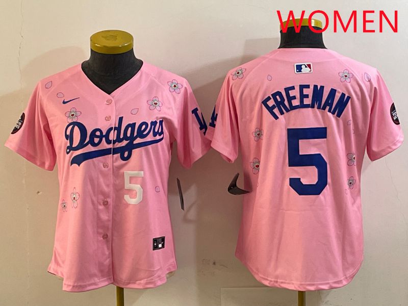 Women Los Angeles Dodgers #5 Freeman Pink Sakura Edition 2025 Nike MLB Jersey style 3